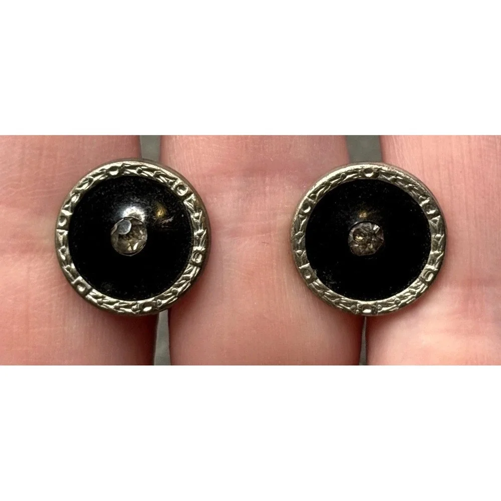 Vintage Art Deco Rhinestone Crystal Enamel Decorative Cufflinks Silver Tone